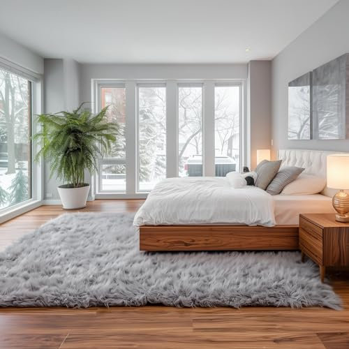 Super Area Rugs Ultra Soft & Fluffy Faux Sheepskin Rug, Gray 8 x 10 Feet Carpet for Bedroom Living Room