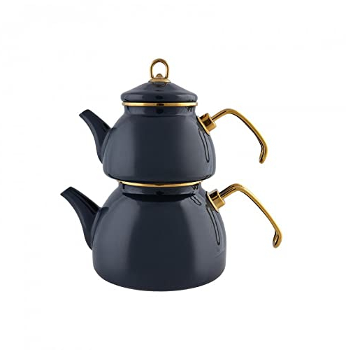 Karaca Juego de teteras esmaltadas retro, antracita, apta para inducción, tetera de agua, infusión de té de 1,1 L, tetera de 2,3 L, tetera turca, tetera turca, fabricante de té, Caydanlik