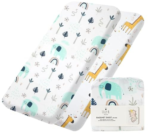 Lilly B. Bio-Baumwolle GOTS, 2 Bettlaken für Moseskörbchen, kompatibel mit Next2me, Snuzpod und Allen Beistellbetten, Stubenwagen bis zu 90 x 55 cm, Packung mit 2 Bettlaken (Jungle)
