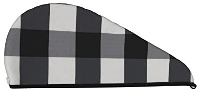 ASEELO Schwarz und Weiß karierte trockene Haarkappe, doppellagig, Korallen-Fleece, trockenes Haar, Handtuch mit Knöpfen