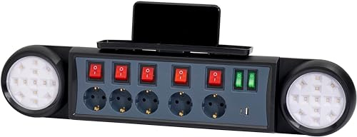 Northpoint Steckdosenleiste mit Lichtauslass zur Wandmontage separaten EIN-/Ausschaltern USB und USB-C Anschlüssen Smartphonehalterung 1,8m Kabel