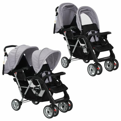 CIADAZ Passeggino Gemellare a Tandem in Acciaio Grigio e Nero,Bebè e Bimbi,Trasporto Bebè,Passeggini(SPU:10113)