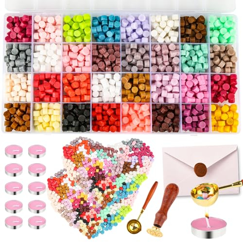 700 Stück Siegelwachs Set, 32 Farben Siegelwachs Perlen mit 1 Siegelstempel und Wachs Schmelzlöffel, 10 Rosa Kerzen, Siegelwachs Achteckig Wachssiegel Set für Wachs Umschlägen, Briefe und DIY