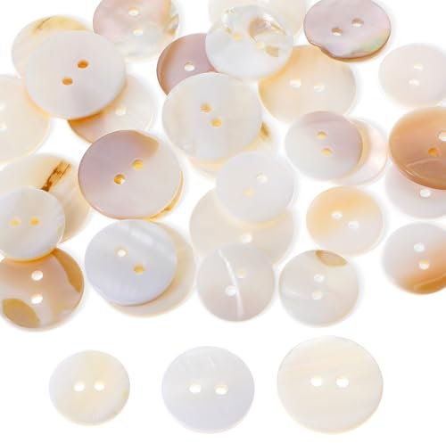 Andibro 15/18/20mm Perlmutt Knöpfe Naturmuschelknöpfe, 30 Stück Natürlich Schimmernde Perlmuttknöpfe Weiße Flach Knöpfe Hemdknöpfe für Kleidung Handwerk Nähen Scrapbooking