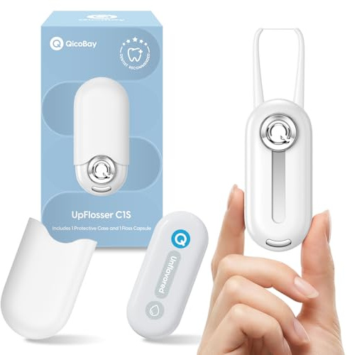 QicoBay UpFlosser C1S Reusable Auto-Restringing Flosser with Replaceable Floss Capsule, Quick & Deep Clean, Portable On-The-Go Flosser, Recyclable Zero-Waste Design, Unflavored(Shell White)