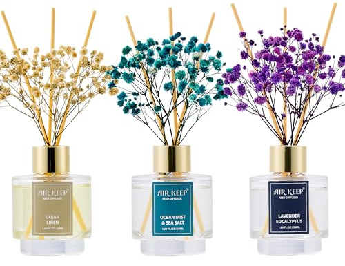 Airkeep Reed Diffuser Set of 3,Clean Linen Ocean Mist&Sea Salt Lavender Eucalyptus Oil Reed Diffusers for Bedroom Living Room Office Aromatherapy Oil Reed Diffuser for Gift 50ml x 3