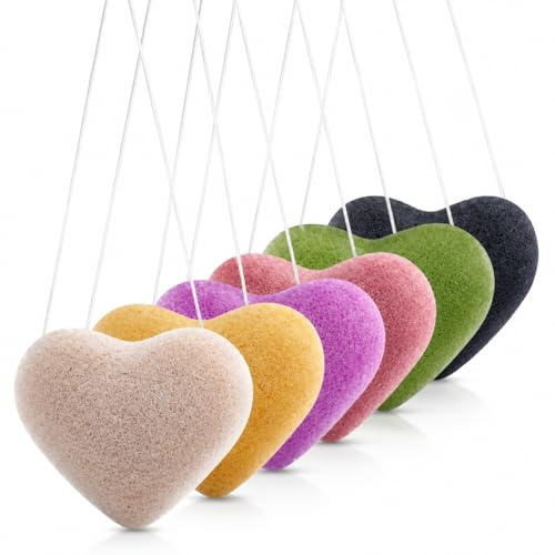 DaKuan Cordate - 6 spugne per il viso Konjac, spugne policrome per la pulizia, naturali, colorate, esfolianti delicate per pelli radiose