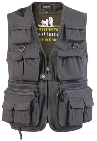 SUSHIMIAN Herren Outdoor Weste mit Vielen Taschen Jagdweste Anglerweste Multifunktionsweste Arbeitsweste Baumwolle Safari Weste Fischerweste mit Reißverschluss, Grau, XL
