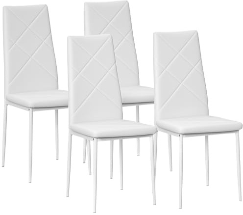 HOMCOM Chaise Salle à Manger Lot de 4, Chaise de Cuisine Moderne avec Dossier Haut, siège rembourré, revêtement synthétique et Pieds en Acier, pour Salon, Salle à Manger, Blanc