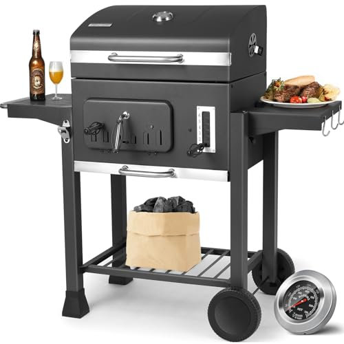 Grau Holzkohlegrill XXL, Grillwagen Holzkohle, Kohlegrill Groß, Holzkohlegrill mit Deckel XXL, Rädern und Thermometer, Edelstahl-Griff, Smoker Grill mit Ablage, BBQ Grill für Camping und Garten