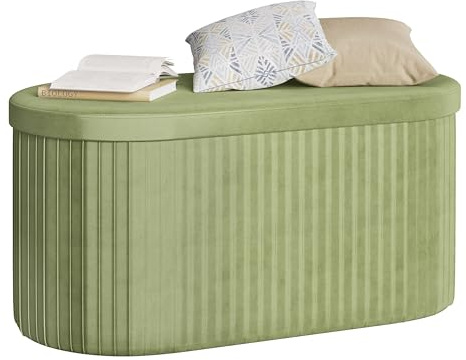 WOLTU Banc de Rangement, Banquette Coffre, 76L, Pliable, Couvercle Amovible, en Velours, Ovale, 76x38x38 cm, Vert