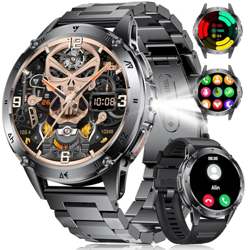 SUNKTA Montre Connectée Homme pour Android iOS avec Lampe de Poche LED 1,43 AMOLED Smartwatch Appel Bluetooth Rond 530 mAh Noir Acier,Moniteur de Fréquence Cardiaque/Sommeil, Calories, Podomètre