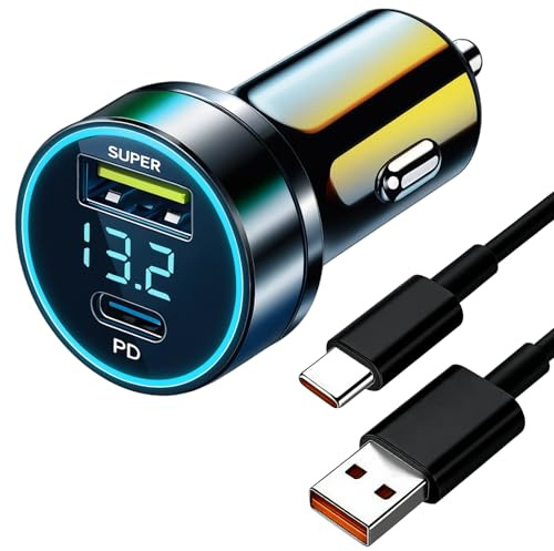VBK Chargeur Allume-Cigare 120W, Chargeur Voiture Rapide avec Câble USB-C 6A, Double Port USB QC3.0 et PD, Charge Rapide pour Compatible Android iPhone, Accessoire Auto Haute Puissance