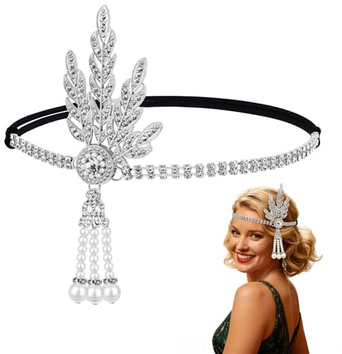Solvio 1920s Headband for Women Headpiece, Vintage Pearl Rhinestone Fascinator Headband, 1920s Accessories for Women Theme Party Wedding Hair Jewellery