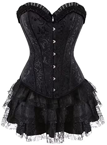 jutrisujo Corsetto Donna Gonna Abito Set Corset Bustino Sexy Top Pizzo Corsetti Gotica Lingerie Burlesque Halloween Nero