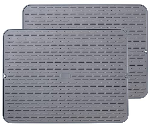 To encounter Silicone Dish Drying Mat - Extral Large 24'' x 18'' - Set of 2 Flexible Rubber Drying Mat, Heat Resistant Silicone Trivet, Counter Top Mat, Dish Draining Mat, Sink Mat, Light Grey
