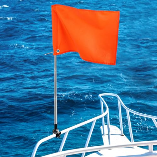 Drapeau de bateau orange avec mât réglable de 137,2 cm – 30,5 x 45,7 cm – Drapeau de ski nautique avec support stable, accessoires de sécurité pour sports nautiques, wakeboard