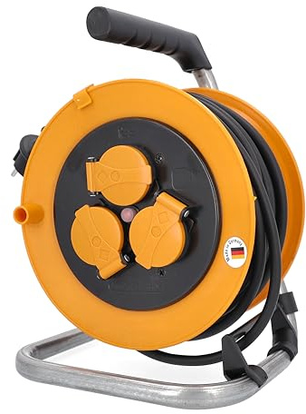 as - Schwabe enrollacables 25 m H05RR-F 3G1,5, IP44 exterior, 3 tomas de corriente con toma de tierra, freno de bloqueo, guía de cable, Made in Germany