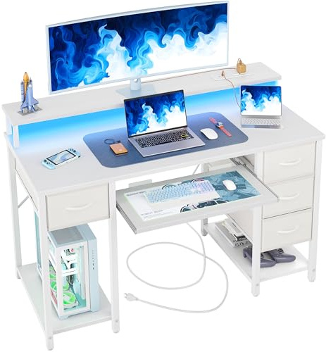 BEXEVUE Scrivania Moderna LED con Ciabatta - 120x50cm Scrivania Gaming Tavolo Computer con Supporto Monitor Vassoio per Tastiera, 4 Cassetti Reversibili, Grande Spazio Studio Gioco Lavoro Casa Ufficio