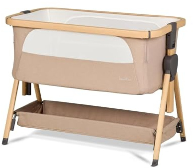 Silver Cross - Lunar Bedside Crib with Travel Bag - Next to me Crib - Birth to Approx. 6 months (9kg) - Drop Down Panel For Safe Side by Side Sleeping - 7 Height - Oatmeal
