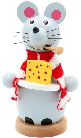 Holz Räuchermann, Räucherfigur, Räuchermännchen als Maus mit Schal und Käsetablett in grau, Größe: L/B/H 8 x 8 x 12 cm.