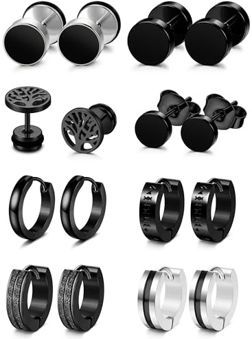 YADOCA 8 Pairs Mens Earrings Black Earrings for Men Stainless Steel Hypoallergenic Ear Piercing Black Hoop Earrings for Men Boys, Style A