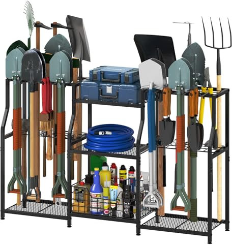 keomaisyto Garden Tool Organizer, Heavy Duty Yard Tool Tower Rack for Garage Organization and Storage, 3 Tier Utility Garden Tool Rack with hooks for Garden/Shed/Garage/Yard/Basement/Lawn