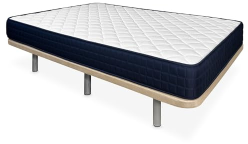 Duérmete Online - Cama Completa con Colchón Lua Reversible + Base Tapizada Extra Reforzada con 6 Patas Cilíndricas Metálicas Roscadas, 90 x 190, Beige