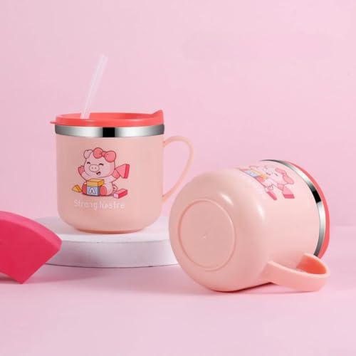 Vaso de acero inoxidable para niños de 250 ml con pajita y escala de medición para una hidratación saludable (para rosa)