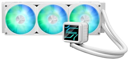 ASUS Prime LC 360 ARGB White Edition all-in-one CPU liquid cooler with special CPU contact area & finned channel, water block with infinity mirror lens options, pre-installed ARGB fans & Aura lighting