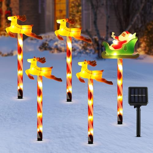 Lewondr Luces Solares de Navidad para Caminos, 5 PZS Decoración Navideña Solar para Exteriores 2 Modos de Iluminación, Luces de Papá Noel y Reno con Estaca, Decoración de Navidad para Patio y Jardín