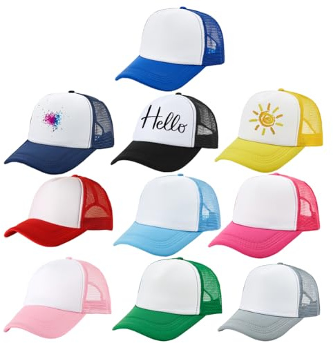 Besforta 10 Stück Kinder Sublimations-Trucker-Mütze, Netzgewebe, verstellbar, blanko, einfarbig, Baseballkappen für Heimwerker, Mehrfarbig, Einheitsgröße