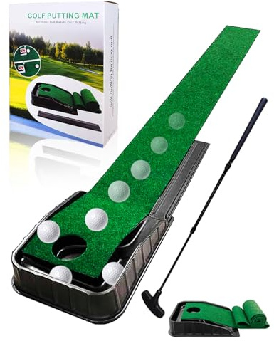 Golf Putting Mat with Gravity Ball Return & Telescopic Putter Set - Portable Indoor/Outdoor Practice Green for Home & Office - Professional Golf Training Aid for Adults & Kids (87 x 8.7)
