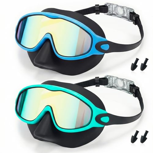 MKEOIEAU 2PCS Kids Swimming Goggles with Nose Cover, Wide View Adjustable Anti-Fog UV Protection Swim Goggle for 3-15 Boys Girls Youth
