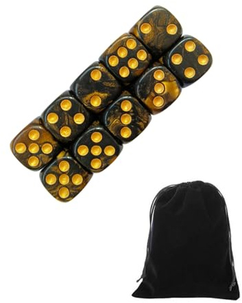 CULEB 10 PCS Dados,16mm D6 Dados de Rol,Juego de Dado con Bolsa de Terciopelo para juegos de Rol,Mesa,Dice Football,Lecciones de Matemáticas(Negro-Dorado)
