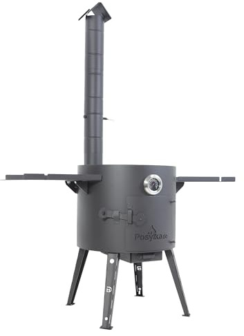 Horno de fuego Utschak Ø 40 cm para wok Kazan 12 L con tubo de extracción, termómetro, para cocina al aire libre, brasero y cañón de goulash, cocina uzbeka Plov Grill (horno con 2 estantes)
