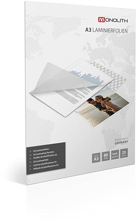 monolith - Lamineringsfolie DIN A3, 80 mic i 25-pack lamineringsfickor, högglansiga och transparenta lamineringsfickor för dokument och foton
