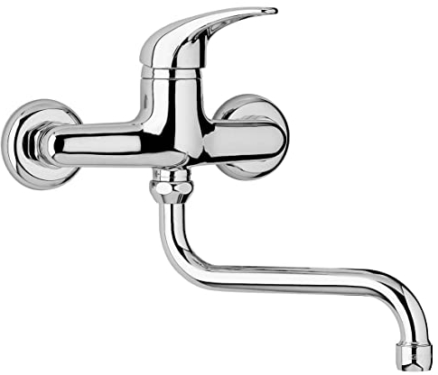 Kiamami Valentina - Rubinetto Miscelatore A Muro | Ideale per Cucina e Lavanderia | Collo Orientabile e Girevole | Lavello Finitura Cromo | Interasse 15 cm | Ottone