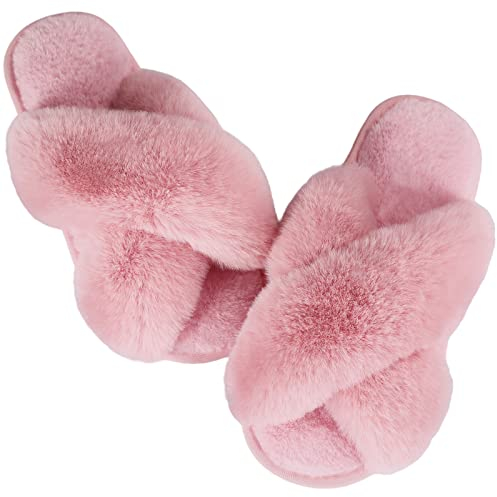 Ankis Women's Pink Fuzzy Fluffy Slippers Size 7/8 UK Memory Foam, Cross Band Open Toe Cozy Plush Home Shoes Indoor Outdoor Anti-Slide Slipper