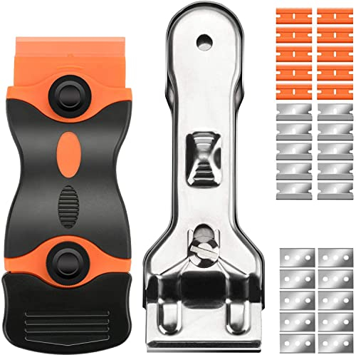 Lot de 2 Grattoir Plaque Vitrocéramique avec 30 lames, grattoir de retrait pour gratter la peinture, lames de rechange inclus avec le Grattoir à verre