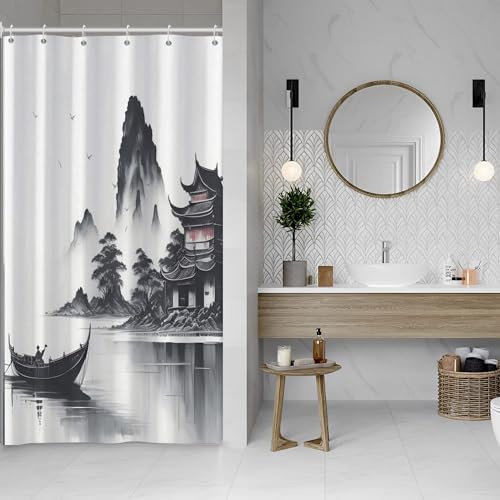 SDOTPMT 90x180cm Japanese Asian Ink Painting Shower Curtain Foggy Mountain Boat Wild Goose Bathtub Curtain Outdoor Natural Scenery Bath Curtain for Bathroom Decor Polyester with Hooks