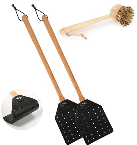 Fliegenklatsche Sets, 2 Stück Leder Fliegenklatsche + 1 Bürste Manuell Robust Fliegenklatsche mit Langem Holzgriff Hohl Wespenklatsche für Zuhause Drinnen und Draußen (Schwarz)