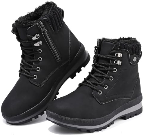 Hanani Women's Winter Snow Boots Ankle Waterproof Fur Lined Leather Walking Boots Lace Up Zipper Lightweight Outdoor Ladies Warm Shoes Non Slip Mid Calf Boots Black