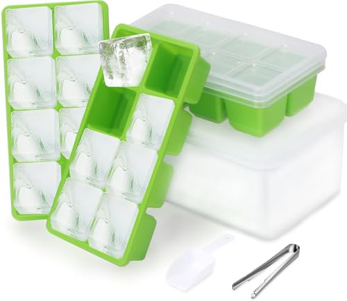 Kit Stampo per Ghiaccio Grandi, JRISBO Stampi per Cubetti Ghiaccio in Silicone con Coperchi e Contenitore e Paletta, Forme Cubi Ghiaccio Vaschette Stampini Pulito e Senza BPA
