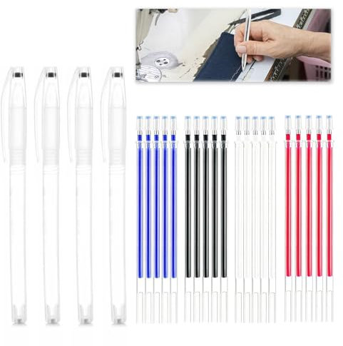 4 + 20 Stück Hitze Löschbare Stifte, Farben Stoff Markierungsstifte mit 20 Nachfüllungen in 4 Farben, Austauschbare Stifte für Quilting, Nähen und Schneiderei, Ideal für Schneiderinnen und Stoffdesign