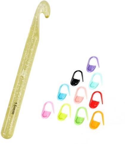 1 grand crochet de 15 mm avec 10 pièces Aiguille à marquer de couleur, poignée pour tricot, crochets ergonomiques, écharpes de tapis, grands tricots en laine