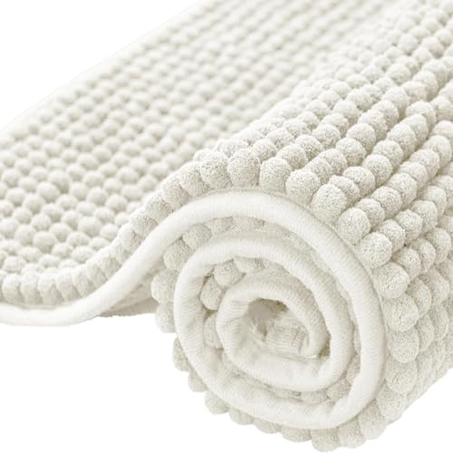 Aspire Homeware Bath Mat Non Slip Anti Mould – White Chenille Bathroom Mat 40 x 60 cm Machine Washable Bath mats Super Absorbent Extra Soft Fluffy Shower Mat