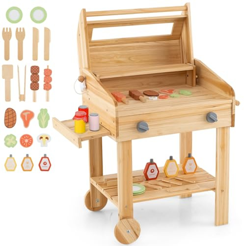 GYMAX Kids Barbecue Playset, Wooden BBQ Grill Toy Set