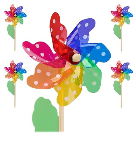 Relaxdays Molinillo de Viento Set 4, Estampado Puntos y Hoja Decorativa, para Jardín y Balcón, Madera y PP, Multicolor