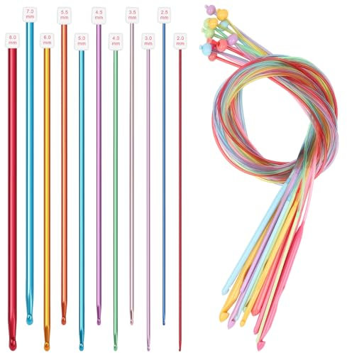Reessy Tunisian Crochet Hooks Set, 11PCS Aluminium Tunisian Crochet Hook 2.0-8.0mm and 12 PCS Plastic Tunisian Crochet Hooks with Colorful Cable 3.0-10.0mm, Afghan Tunisian Crochet Hook for Knitting